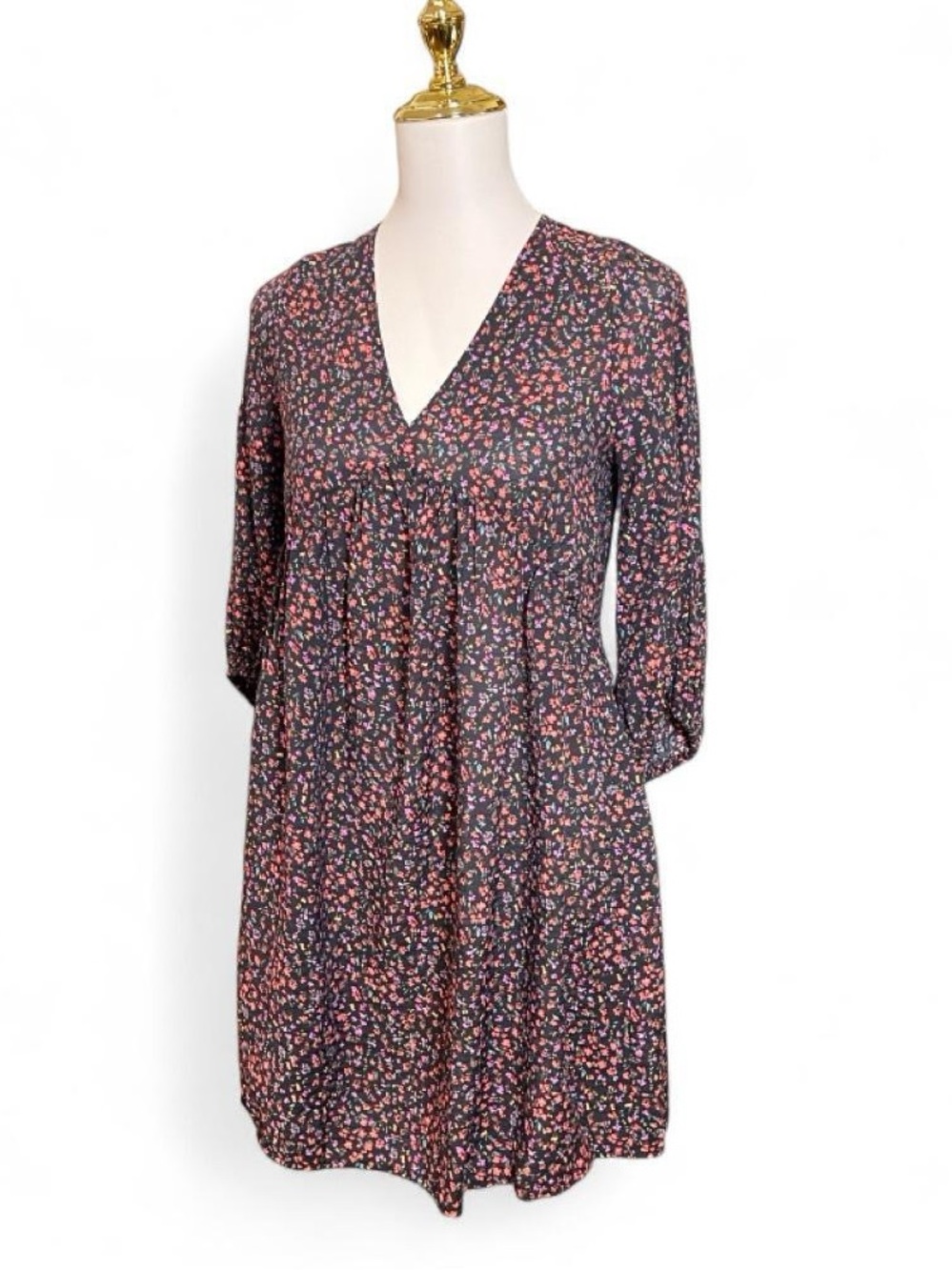 H&M Black Floral Flowy Babydoll Long Sleeve Mini Dress